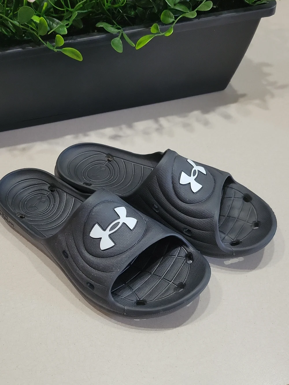Under Armour Black Slide Sandals with White Logo